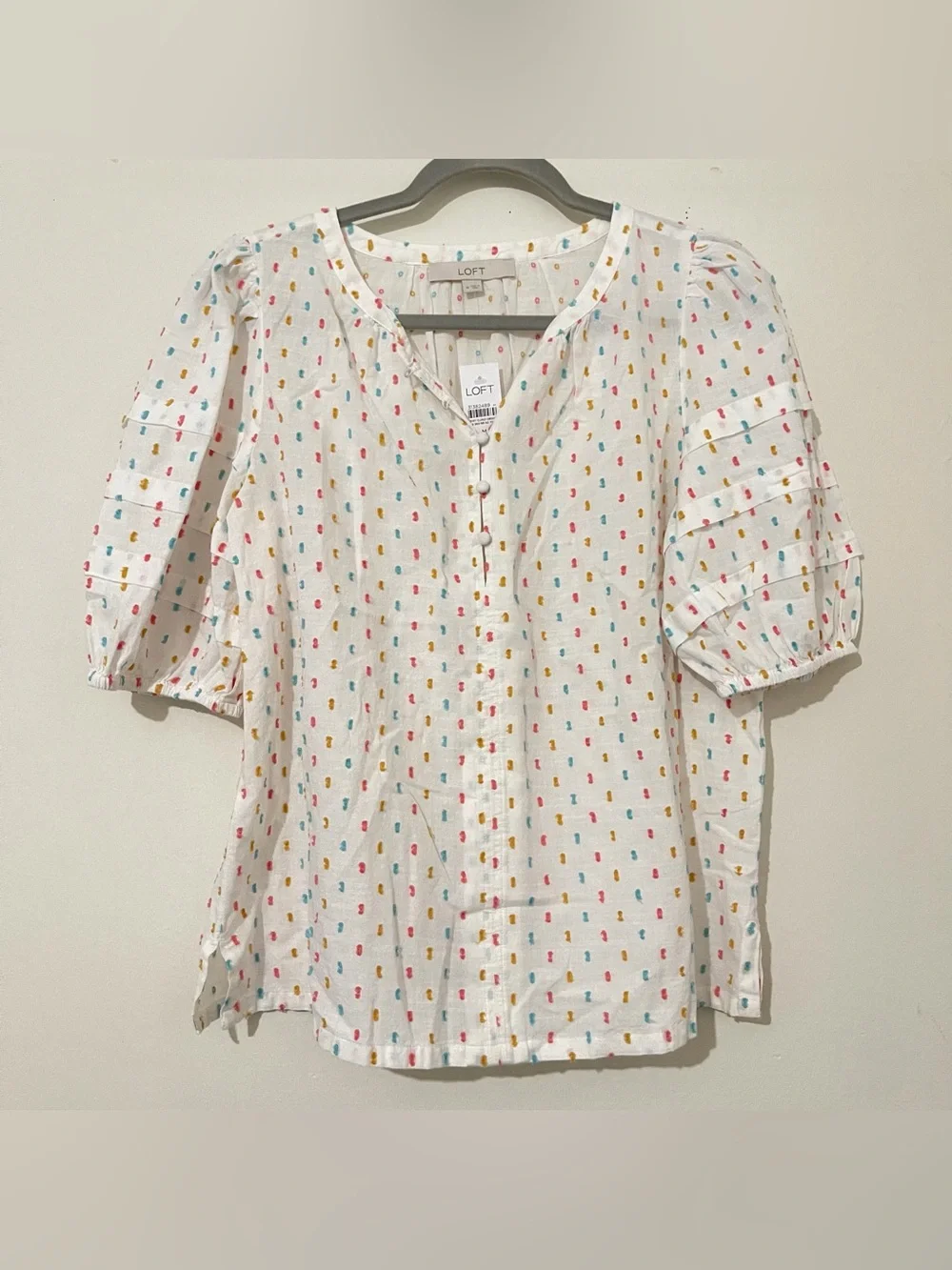 LOFT White Puff-Sleeve Button Front Top with Colorful Dot Print